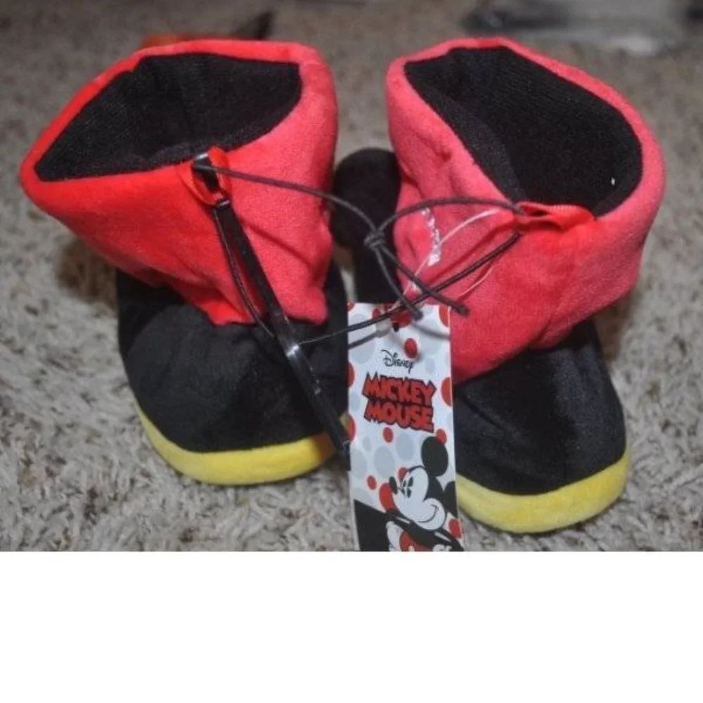 Toddler Boys Disney Mickey Mouse Slippers 9/10T Red Black Booties Slip On Winter